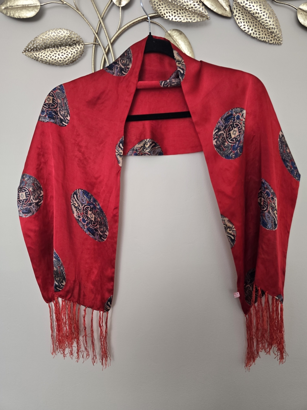 Silk Red Patterned Shawl Scarf with Fringe